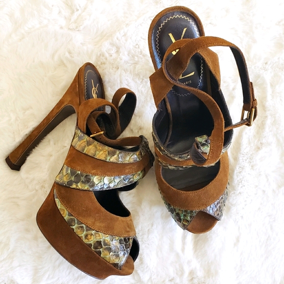 Saint Laurent Suede and Snakeskin Sandals Sz 40 - Picture 1 of 4